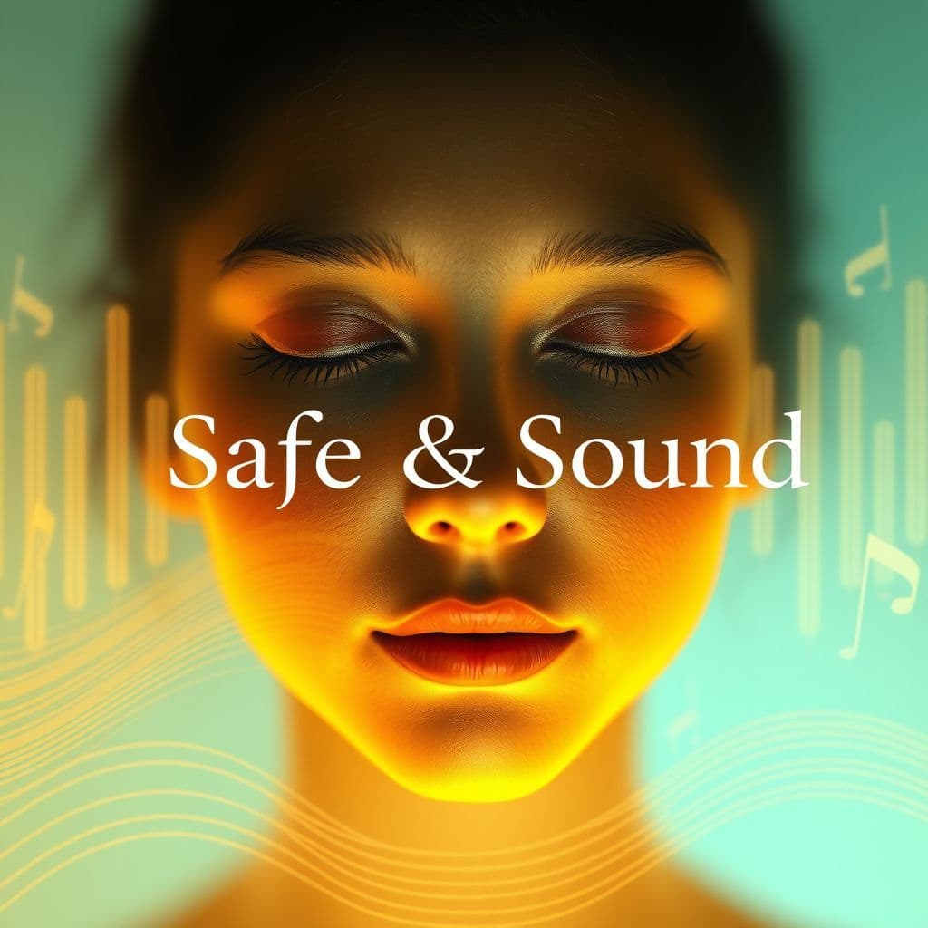 Hip-Hop AI Album Cover — A minimalist design with a close-up of a peaceful face amidst abstract sound waves, the title "Safe & Sound" elegantly woven through the waves; calming atmosphere, soft lighting, warm color palette with golden and turquoise hues, photorealistic quality, highly detailed, uplifting and reflective feel