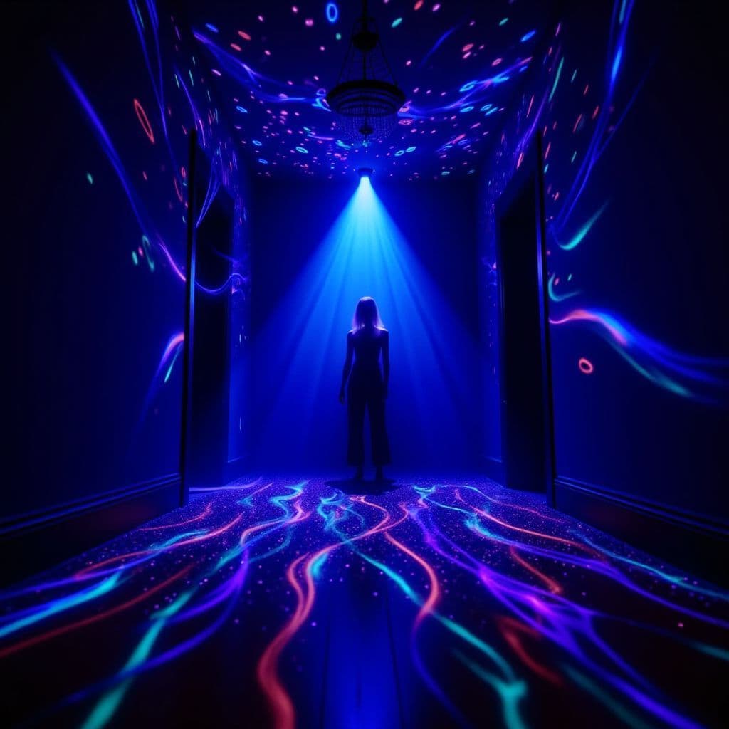 Rock AI Album Cover — A surreal black light album cover featuring a luminous, empty room with dust particles floating in radiant beams; shadows stretching dramatically across the walls with an ethereal glow, vibrant blues and purples, highly detailed, atmospheric lighting, capturing a sense of mystery and nostalgia, 8k resolution
