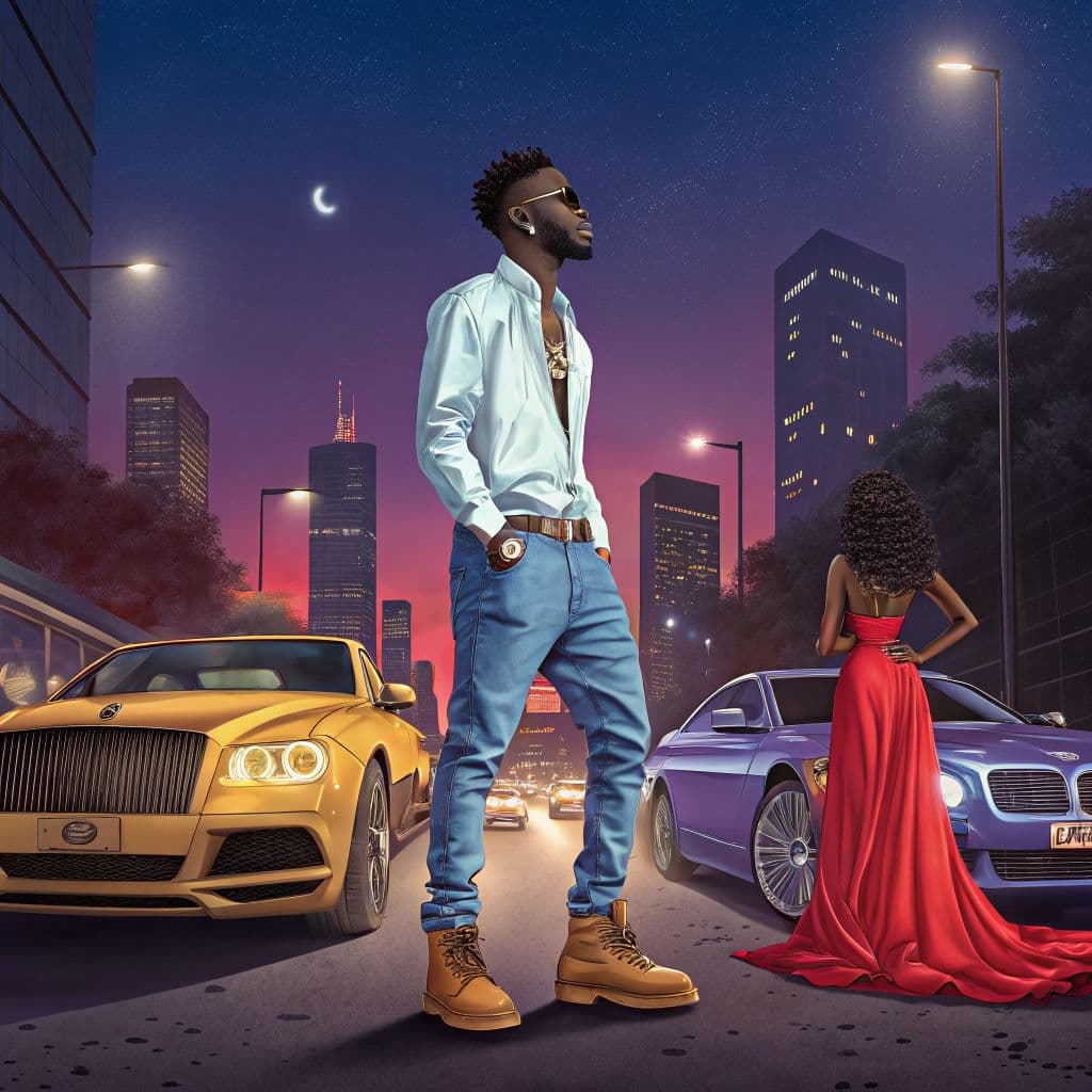Afrobeat AI Album Cover — A vibrant, stylized illustration for an afrobeat album cover featuring a stylish man in sky blue jeans, a white shirt, and brown Timberland shoes standing confidently in front of four luxury cars; the scene is illuminated with dynamic city lights, a beautiful woman in a flowing red gown nearby, colorful and bold, cinematic lighting, sharp focus, highly detailed, emotional atmosphere