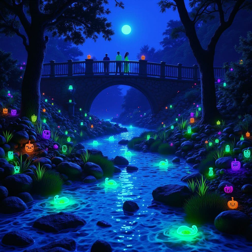 Folk AI Album Cover — An ethereal black light illustration for the folk album '13 Dawns y Dŵr a'r Tân', featuring a serene river at dawn with glowing reflections, surrounded by lush glowing flora, surrealistic style, vibrant blues and greens, high detail, 8K resolution, inviting and mystical atmosphere