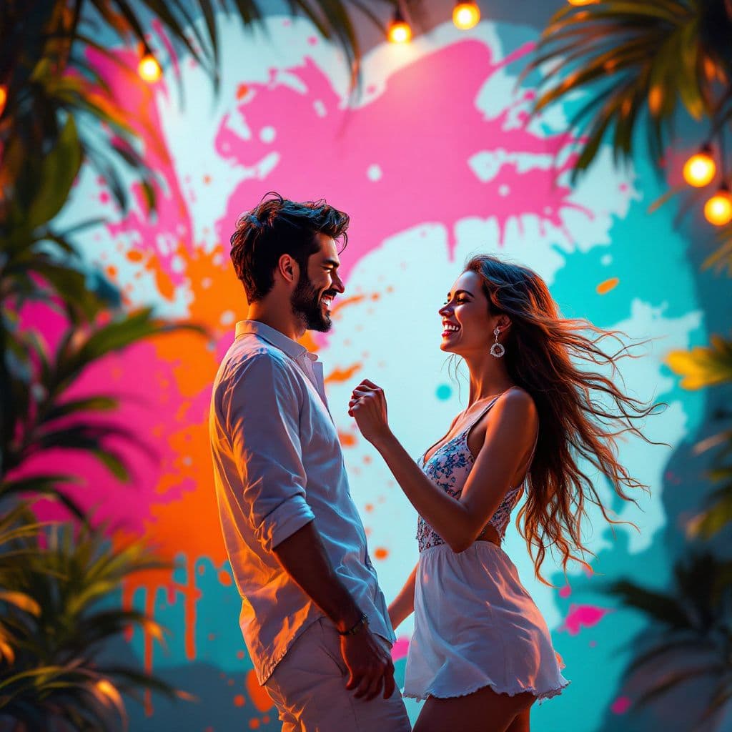 Reggaeton AI Album Cover — A vibrant reggaeton album cover depicting a couple dancing joyfully under bright tropical lights; colorful graffiti-style background with bold splashes of pink, orange, and turquoise; high detail, warm lighting, playful atmosphere, 8K resolution, capturing fun and romance