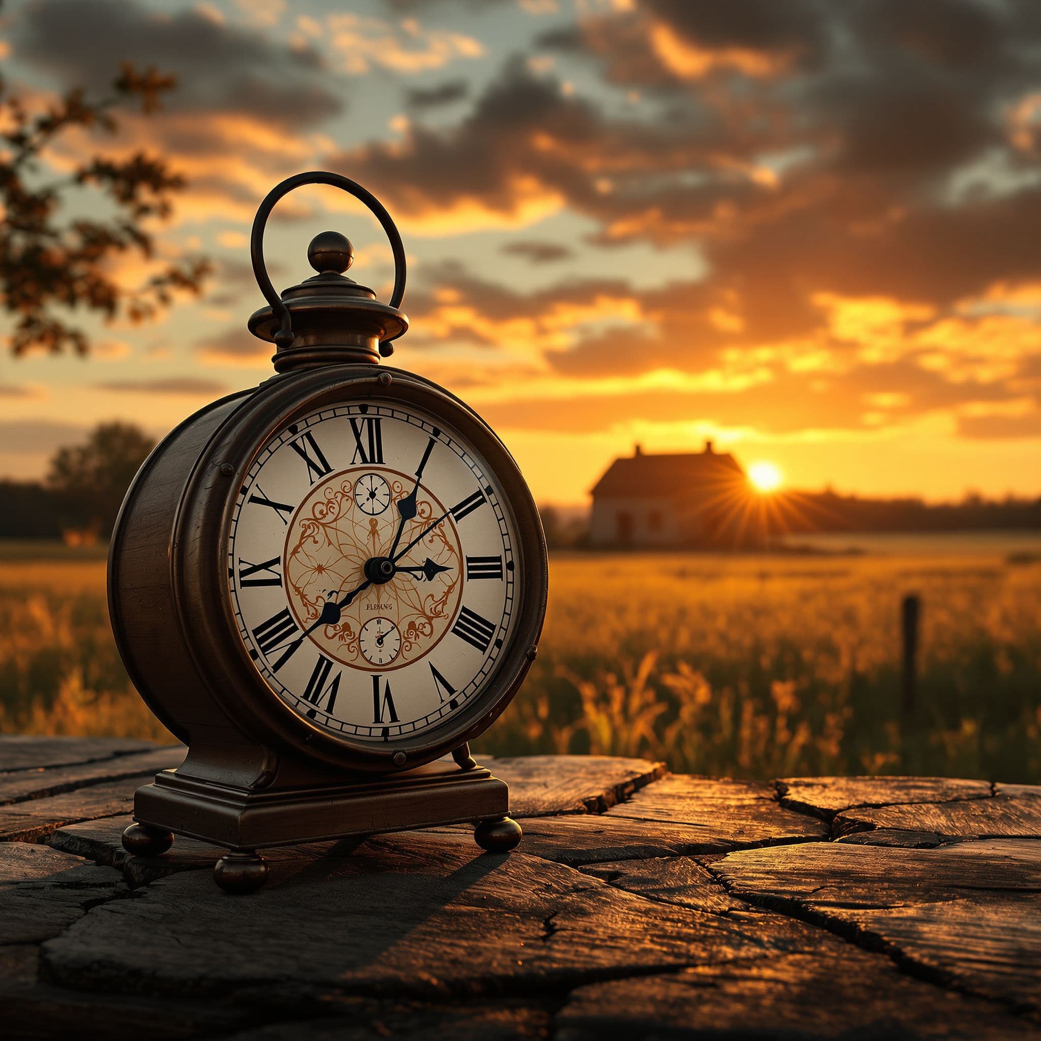 Country AI Album Cover — A photorealistic image of an old-fashioned clock on a wooden table beside a country homestead under a warm sunset; dramatic lighting highlighting the clock's intricate details, rich earthy tones with hints of gold, conveying a sense of nostalgia and longing for time; sharp focus, highly detailed, 8k resolution.