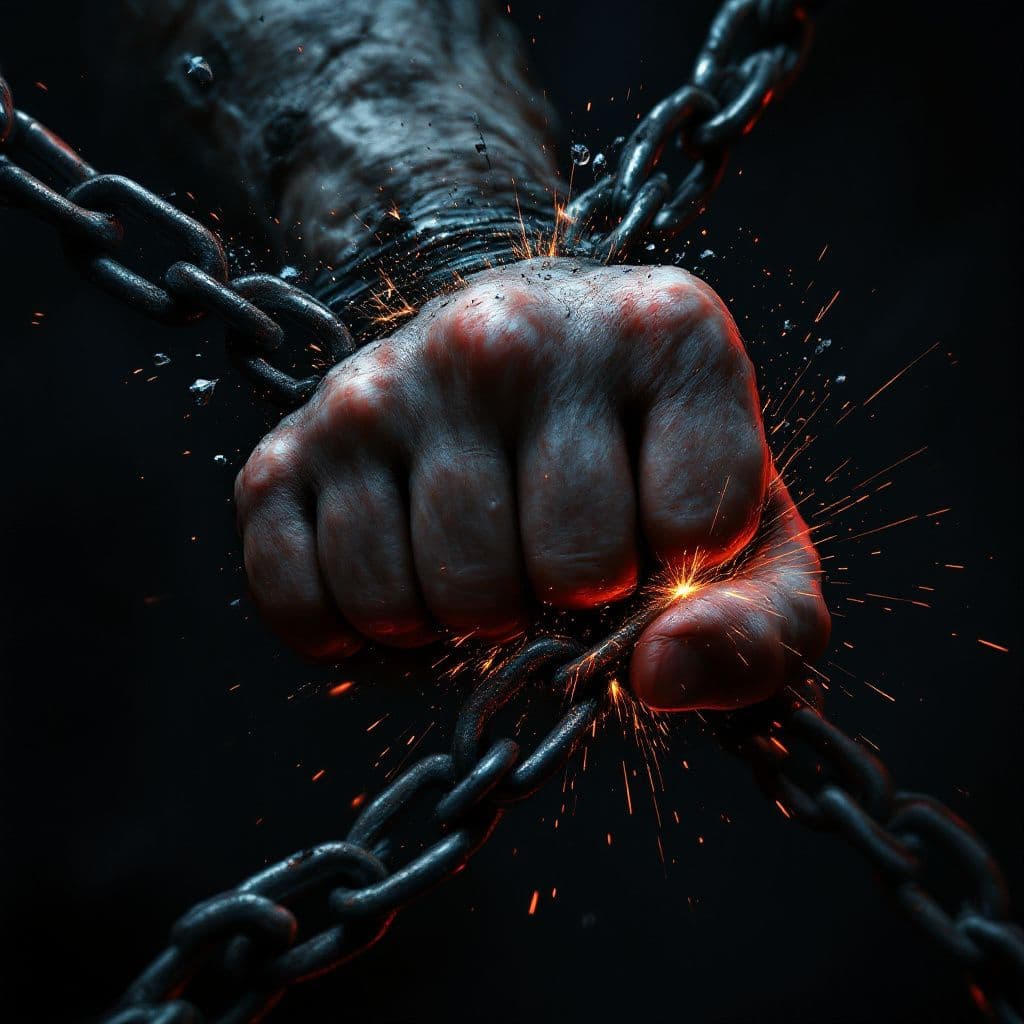Rap AI Album Cover — A powerful rap album cover featuring a clenched fist breaking through chains, symbolizing strength and struggle; moody lighting with dark shadows, a vibrant gradient of reds and blacks, highly detailed in 8k resolution, capturing raw emotion and intensity, photorealistic elements.