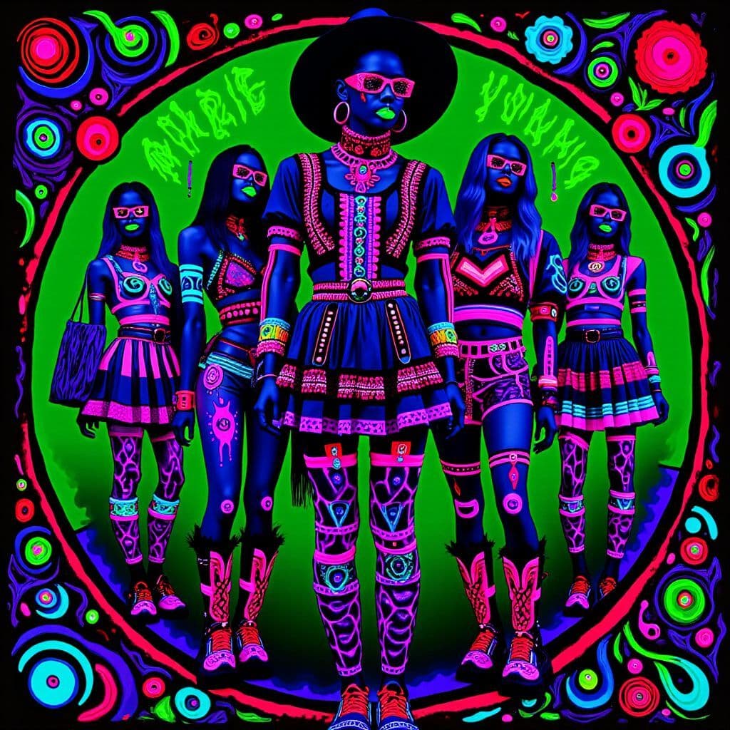 Funk AI Album Cover — A vibrant black light album cover featuring a funky abstract illustration of singers and dancers in motion against a greenish background, psychedelic patterns and neon colors swirling around; dynamic poses, ethereal lighting creating a lively atmosphere, highly detailed, sharp focus, capturing the essence of funk music, 8k resolution