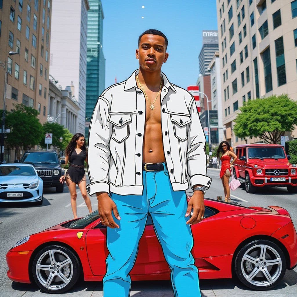 Afrobeat AI Album Cover — A vibrant afrobeat album cover depicting a man in sky blue jeans and a white shirt, surrounded by luxury cars: a silver cyber truck, a black G-Wagon, a red GLE Benz, and a blue Bugatti. He stands confidently with bodyguards and a beautiful woman in a red gown, urban background, photorealistic and hand-drawn elements, cinematic lighting, 8k resolution, dynamic composition, stylish and glamorous.