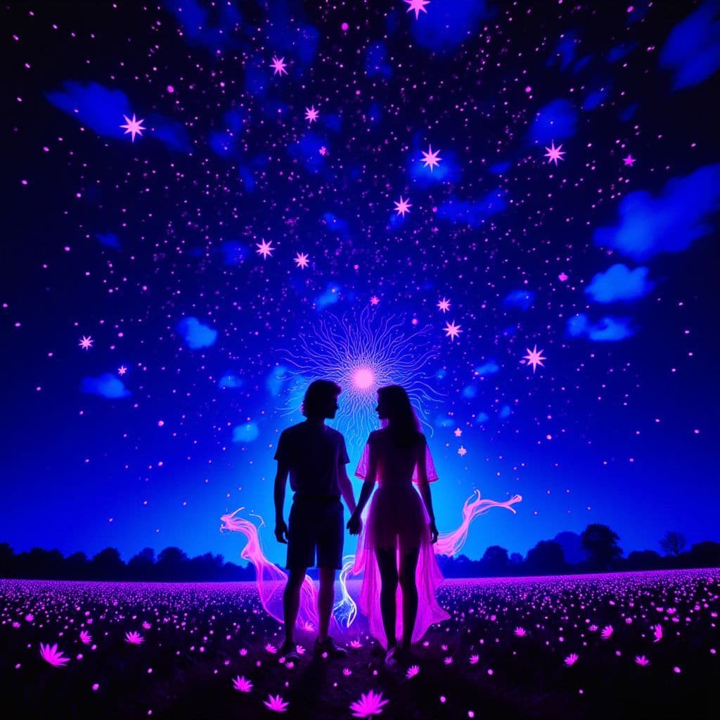 R&B AI Album Cover — A surreal black light illustration of a dreamy night scene, featuring abstract figures entwined under glowing stars; vibrant blues and purples dominate the palette, with neon highlights creating an ethereal ambiance; 8k resolution, highly detailed, capturing the emotional essence of longing and connection.