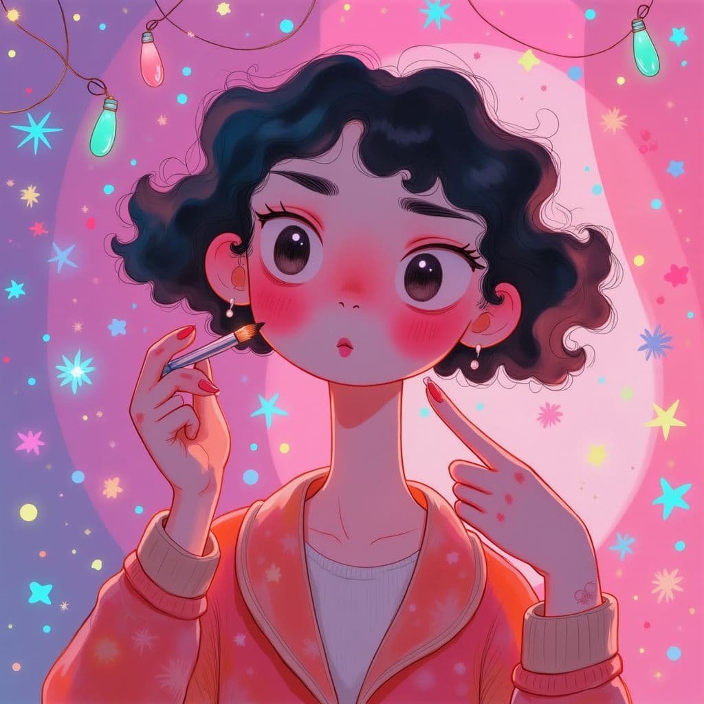 Pop AI Album Cover — A whimsical pop album cover featuring a young woman adjusting her lipstick in a vibrant, dreamy room; colorful fairy lights floating around, with abstract shapes reflecting the excitement of a first date; ethereal lighting, soft pastels with a splash of bright colors, highly detailed, 8k resolution, joyful and romantic atmosphere