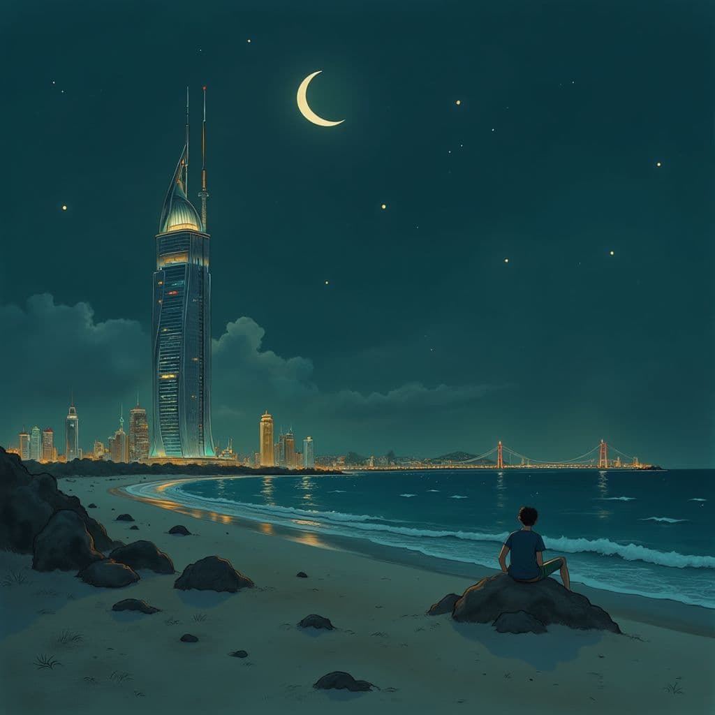 Indie AI Album Cover — A surreal album cover depicting a lonely man sitting on a beach at night with a high-end futuristic skyscraper towering on one side; connected by a thin glowing wire; deep blue sea, contrasting gold lights, moody atmosphere, dreamy and poetic; highly detailed, 8k resolution
