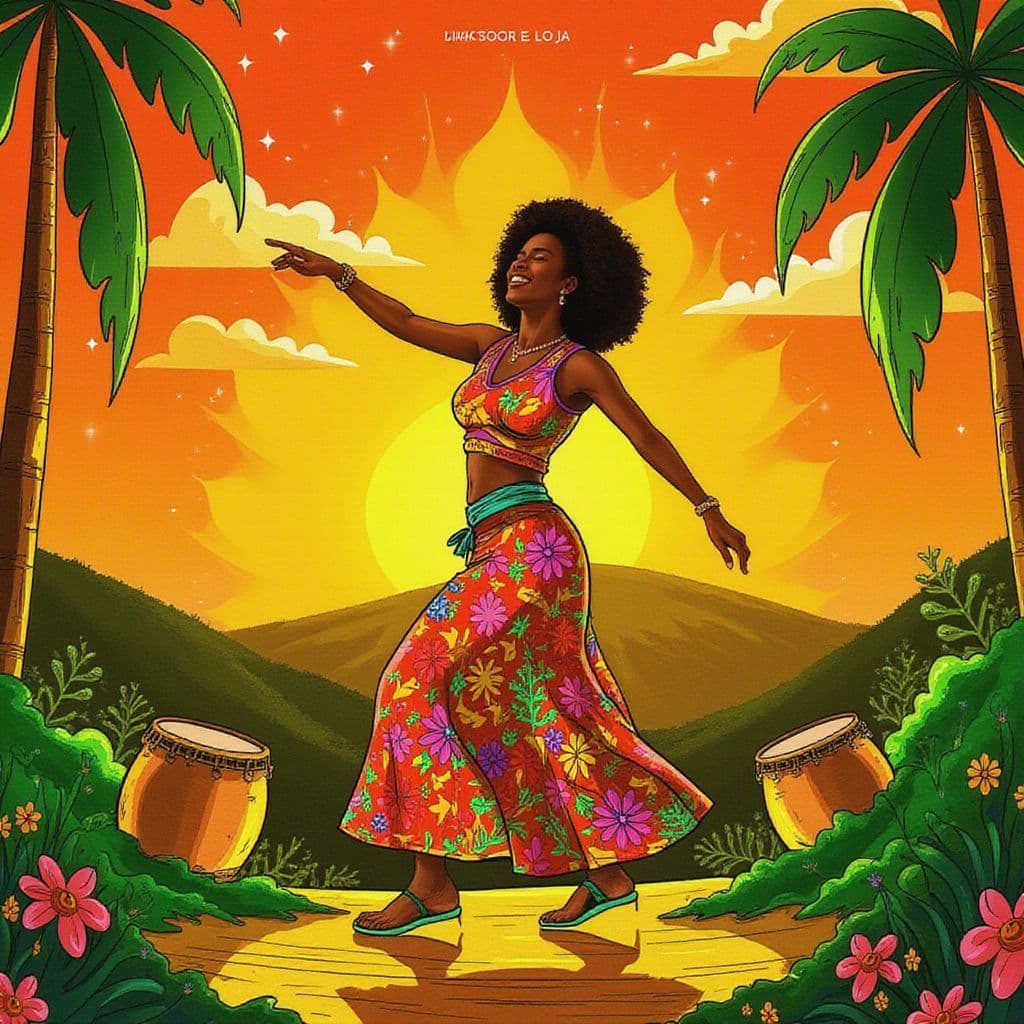 Afrobeat AI Album Cover — An illustration-style album cover for 'Motori E lo ja', featuring a half-illustrated figure dancing joyfully, vibrant Afrobeat elements like drums and colorful tribal patterns, a dreamy sunset blending in the background, warm oranges and greens, ethereal lighting with a festival atmosphere, 8k resolution, highly detailed and unique style
