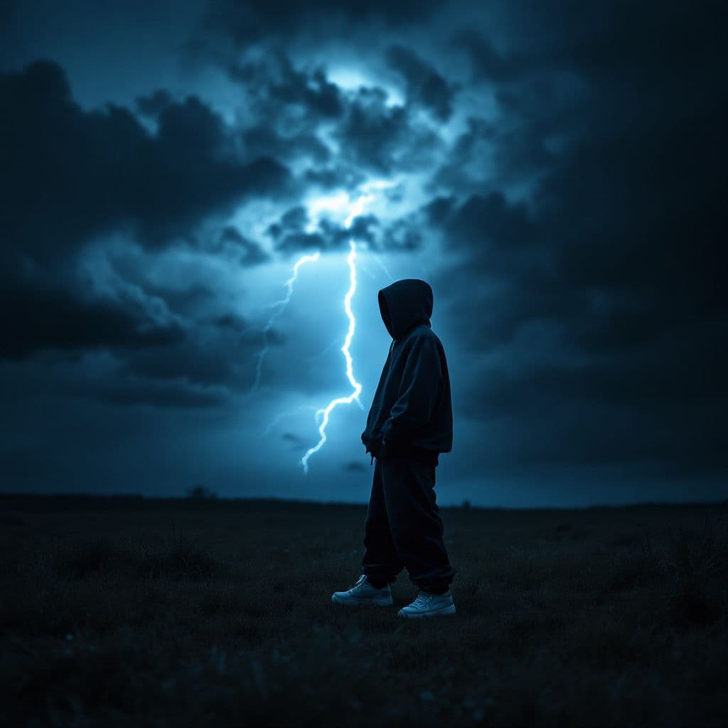 Hip-Hop AI Album Cover — A dark open field under a stormy sky with a dramatic lightning strike illuminating the scene; a lone figure standing defiantly, dressed in urban hip-hop attire, cinematic lighting, moody atmosphere, highly detailed, 8k resolution, deep blues and contrasting bright whites for intensity