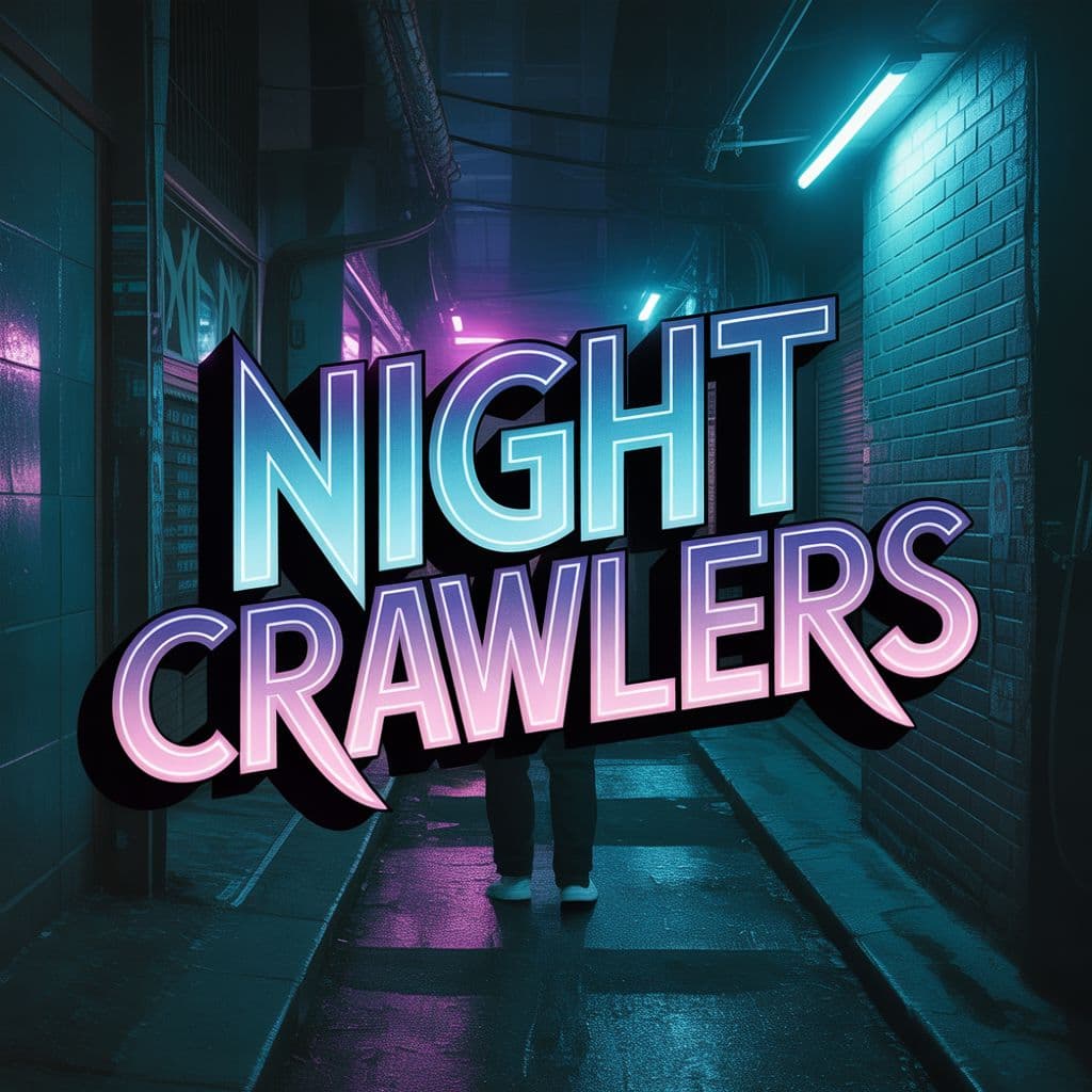 Trap AI Album Cover — A moody and atmospheric trap album cover for 'Night Crawlers', featuring a shadowy figure in an urban alleyway illuminated by neon lights; the title in bold, angular typography, glowing with electric blue and purple hues, integrating seamlessly into the scene; cinematic, highly detailed, 8k resolution, with reflective surfaces and a dreamy quality.