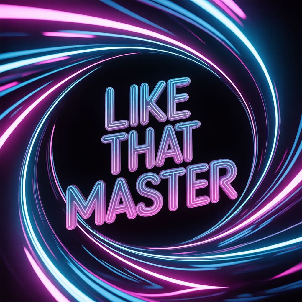 Techno AI Album Cover — A vibrant techno album cover featuring a swirling neon light tunnel, with abstract shapes and glowing lines; the title 'Like That MASTER' integrated into the tunnel, crafted in dynamic, bold typography with a sleek, glossy finish; atmospheric lighting, saturated colors like electric blue and vivid pink, 8k resolution, highly detailed and immersive
