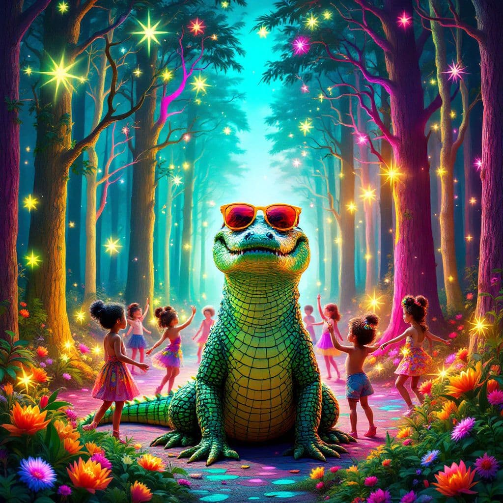 Pop AI Album Cover — A whimsical, vibrant album cover featuring a colorful alligator wearing sunglasses, surrounded by magical children dancing in a rainbow forest; psychedelic style with lush greenery and sparkling lights, bright color palette of pinks, greens, and yellows; moody yet playful atmosphere, highly detailed, 8k resolution.