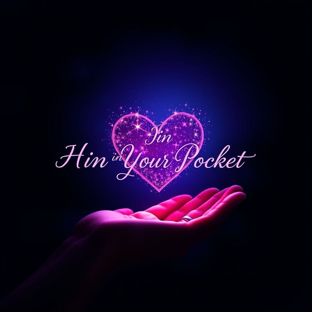 R&B AI Album Cover — An abstract R&B album cover illustrating a heart made of stars resting in an open palm, against a dark, moody background; surreal lighting, deep blue and purple hues, with the title 'Heart In Your Pocket' clearly defined in a flowing script, photorealistic and vibrant, 8K quality