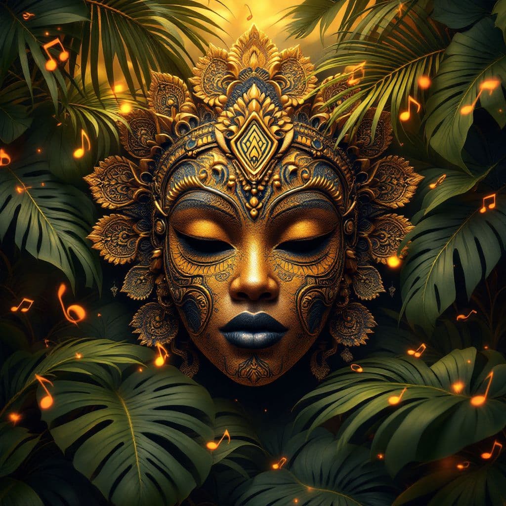 Afrobeat AI Album Cover — A vibrant afrobeat album cover featuring an intricate traditional mask surrounded by tropical leaves and musical notes; surreal lighting with warm hues, rich textures, and a lively atmosphere; a sense of connection and celebration, 8k resolution, highly detailed, professional quality