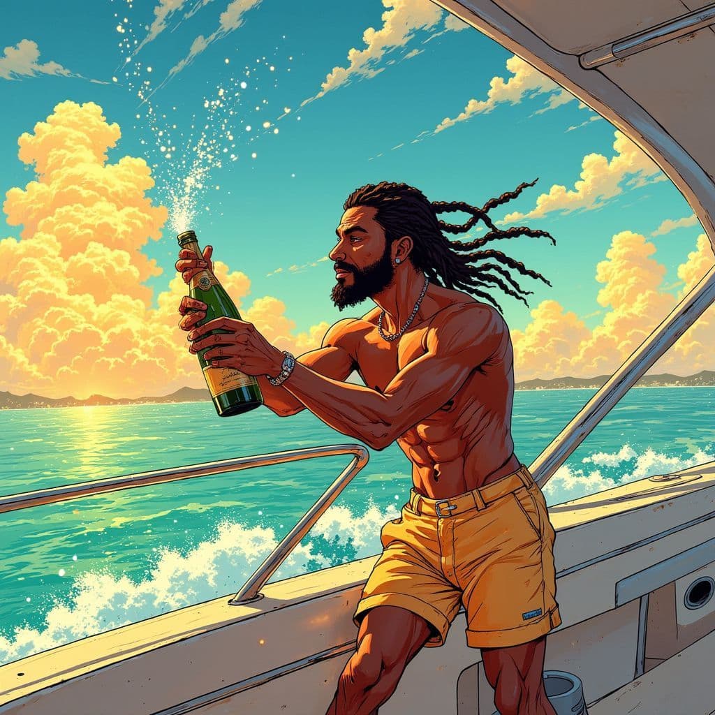 Trap AI Album Cover — A vibrant Ghibsky-style illustration of a man with dreadlocks on a luxurious yacht, confidently popping champagne; bright sunlight casting sparkles on the water, tropical colors like turquoise and gold, energetic vibe reflecting determination; 8k resolution, highly detailed, cinematic atmosphere.
