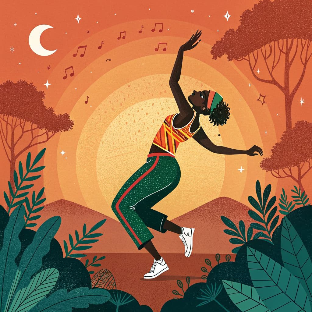 Afrobeat AI Album Cover — A vibrant afrobeat album cover featuring a dynamic dancer in mid-motion, stylized vector art with bold colors; warm oranges and deep greens complementing the energetic theme, illustrated texture with a rhythmic composition, soft backlighting creating a dreamy atmosphere, 8k resolution, highly detailed and lively, emulating the spirit of celebration and unity.