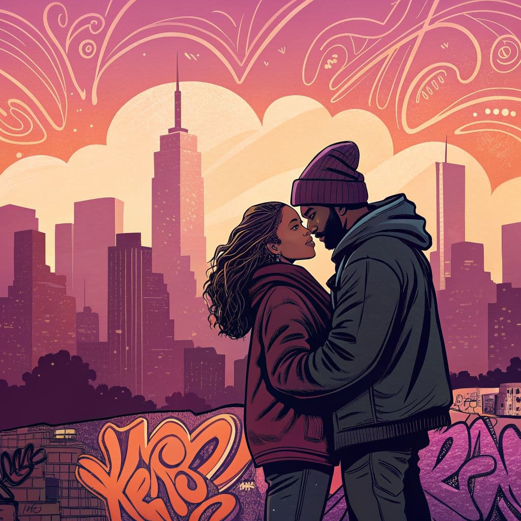 Rap AI Album Cover — A stylized illustration of a couple embracing under a city skyline, vibrant, graffiti-like patterns in the background; warm color palette with pink, orange, and purple hues, dreamy and ethereal atmosphere, 8k resolution, highly detailed vector art capturing love and unity in rap culture.
