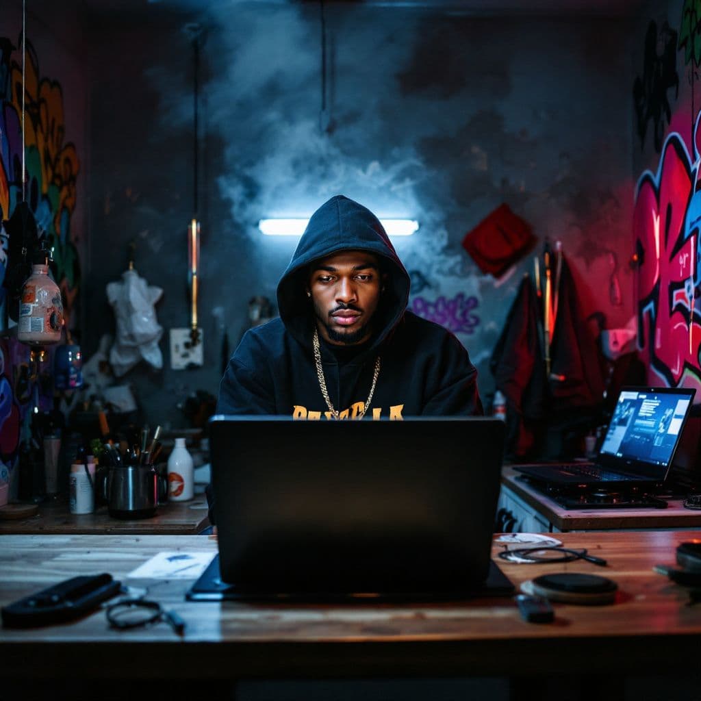 Hip-Hop AI Album Cover — A hip-hop album cover portraying a rapper in a kitchen studio setup; a laptop on the stove, surrounded by graffiti art, moody ambient lighting casting shadows, vibrant colors contrasting with the dull kitchen; highly detailed, 8k resolution, capturing the gritty yet aspirational essence of trapping and rap.