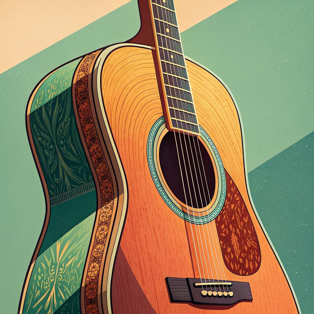 Country AI Album Cover — A close-up illustration of a five-string acoustic guitar, stylized with vibrant colors and a lo-fi aesthetic. Warm hues of orange and earthy greens, soft lighting casting gentle shadows, detailed wood grain texture, evoking a nostalgic country feel, vector art style, high quality, 8k resolution.