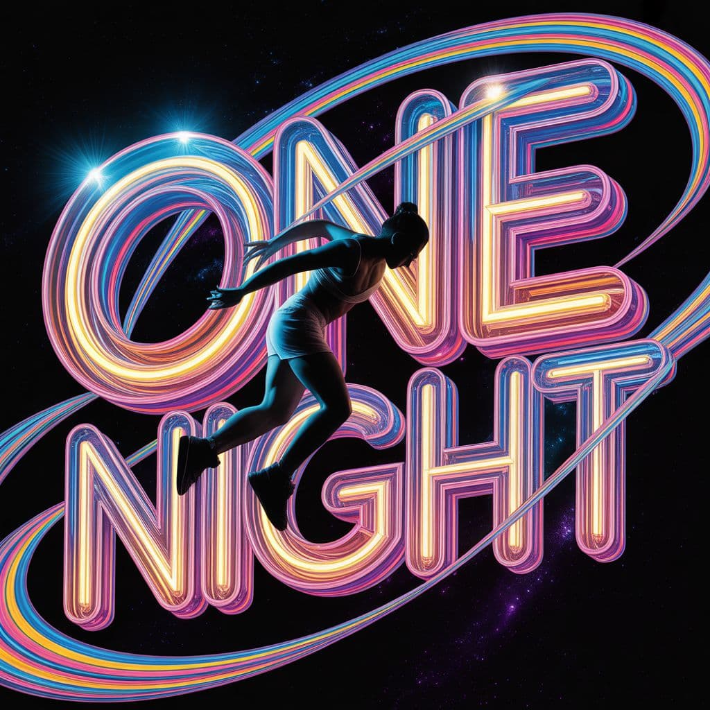 Dance AI Album Cover — A vibrant dance album cover featuring a dynamic silhouette of a dancer in mid-move, surrounded by colorful swirling lights; the title 'One Night' integrated into the fabric of the swirling visuals, lettered with bold neon typography, against a dark, starry background; highly detailed, energetic, uplifting atmosphere, 8K resolution