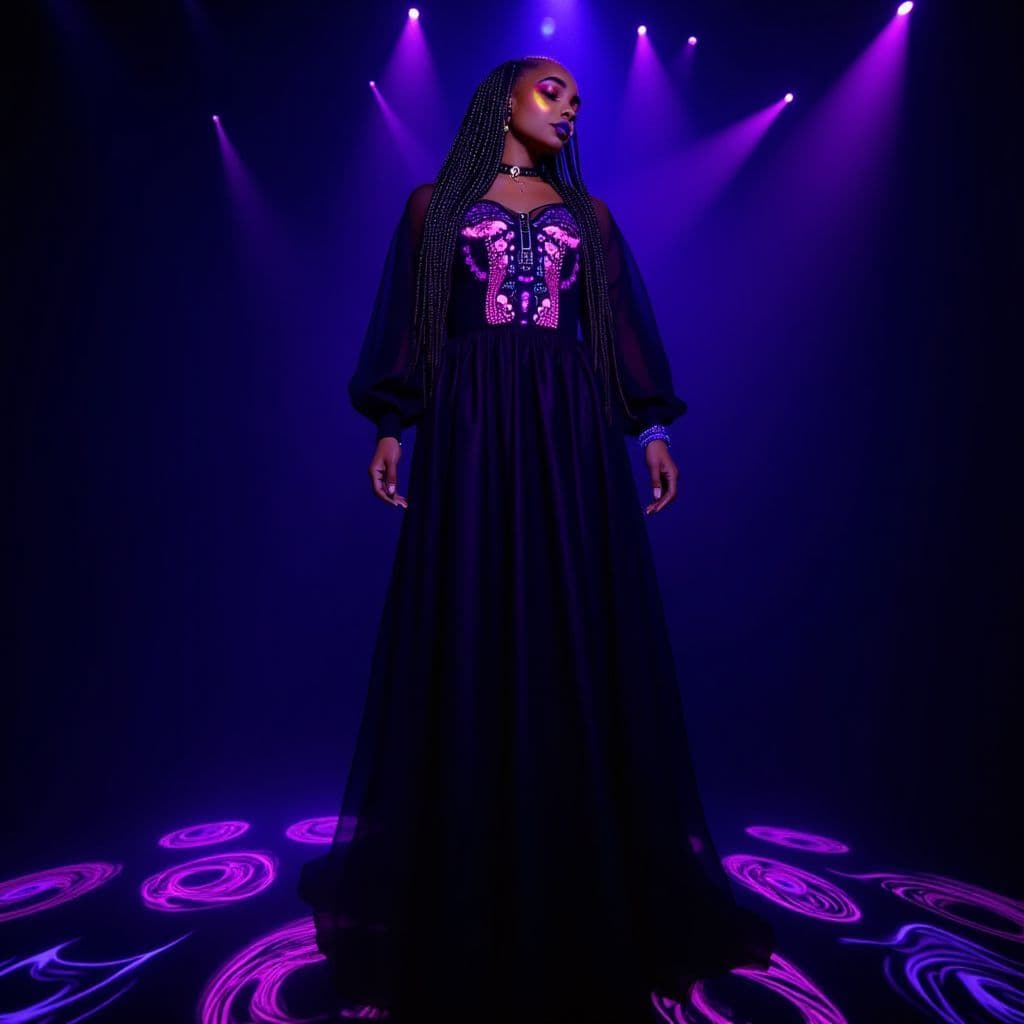 R&B AI Album Cover — A beautiful black girl with braided hair, wearing a long black dress, confidently performing on a dimly lit stage with a spotlight illuminating her; psychedelic black light effects swirl around her, creating an ethereal atmosphere, vibrant hues of purple and blue, highly detailed, 8k resolution, capturing the essence of RnB and empowerment.