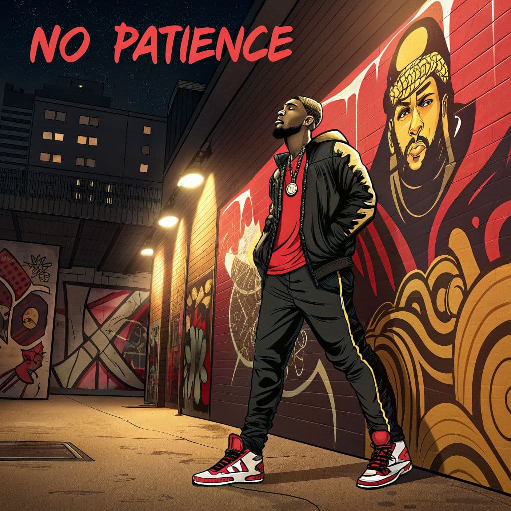 Rap AI Album Cover — A stylized album cover for 'No Patience', featuring a confident figure in a dynamic urban setting, with graffiti artworks in the background; vibrant color palette of red, black, and gold, energetic lighting, gritty textures, presented in an animated vector style, highly detailed, 8k resolution
