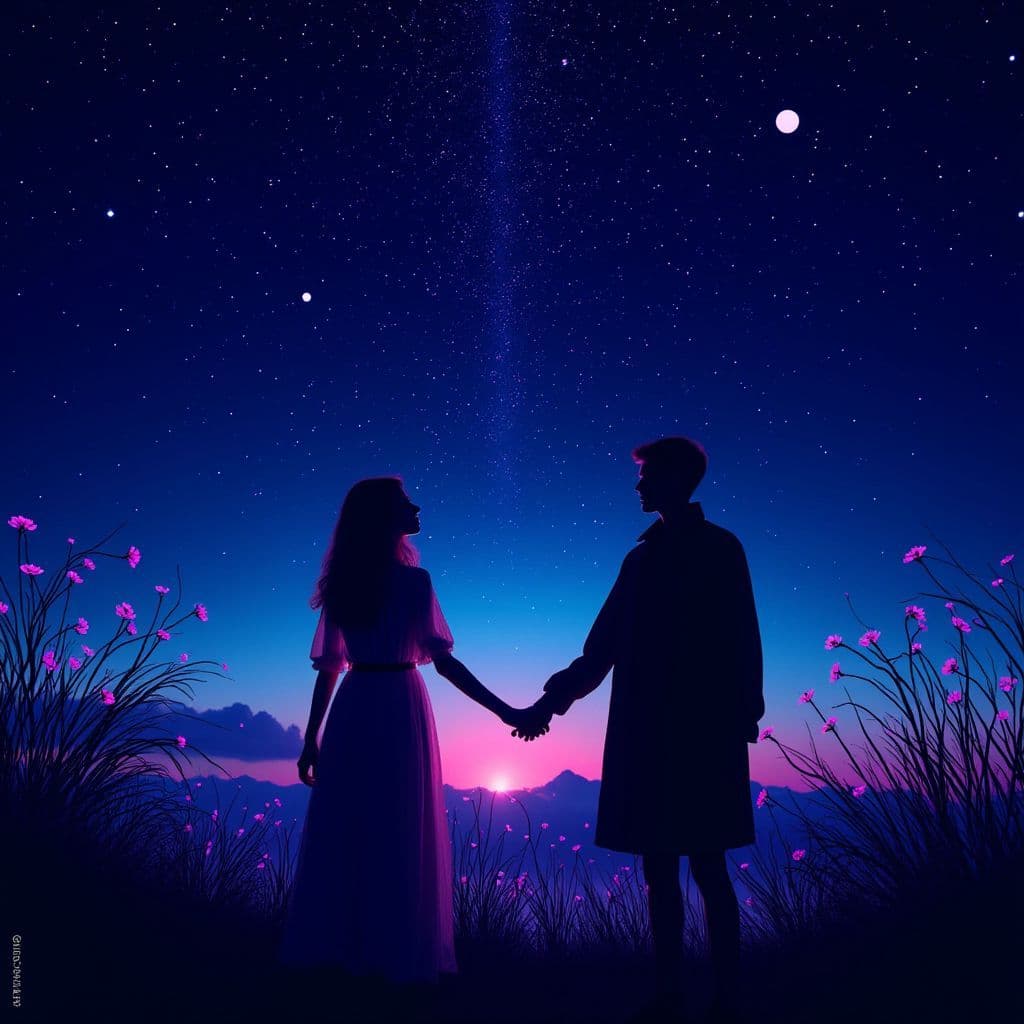 Indie AI Album Cover — A beautiful black light illustration for an indie album, featuring two silhouettes reaching towards each other in a cold, starry night; dreamy colors of deep blues and purples, subtle glowing accents representing warmth and connection; ethereal atmosphere, highly detailed art style, 8k resolution, capturing the essence of 'almost love'.