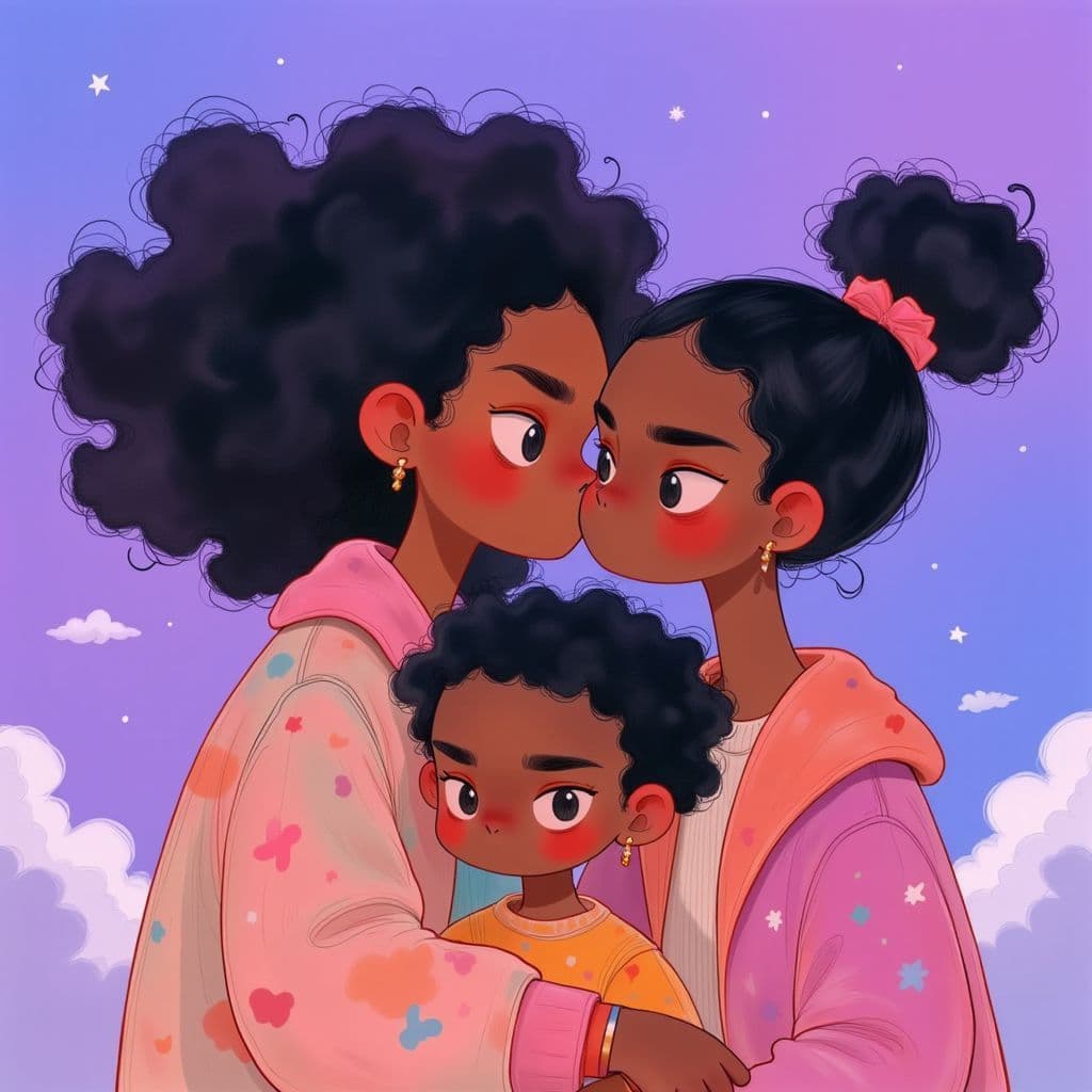 Trap AI Album Cover — An illustration of two black girls kissing a young black teen with dreadlocks, set in a whimsical 80s to 90s cartoon style; vibrant purple and blue background with dreamy clouds, highly detailed characters, soft lighting to create a romantic atmosphere, nostalgic and playful feel, 8k resolution