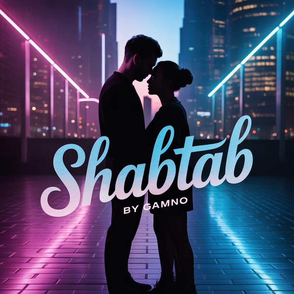 R&B AI Album Cover — A dreamy RnB album cover for 'Shabtab' featuring a silhouetted couple intertwined in an urban night scene; vibrant neon colors with soft, moody lighting enhancing intimacy; the title 'Shabtab' in elegant, flowing script integrated into the city skyline, highly detailed, atmospheric, 8k.