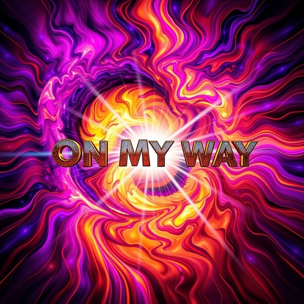 Trap AI Album Cover — An abstract, psychedelic cover showcasing a swirling vortex of colors representing power and identity. In the center, the title "On My Way" emerges from the vortex in a bold font, emitting energetic light; rich, contrasting colors like purple and gold, photorealistic elements, captivating feel.