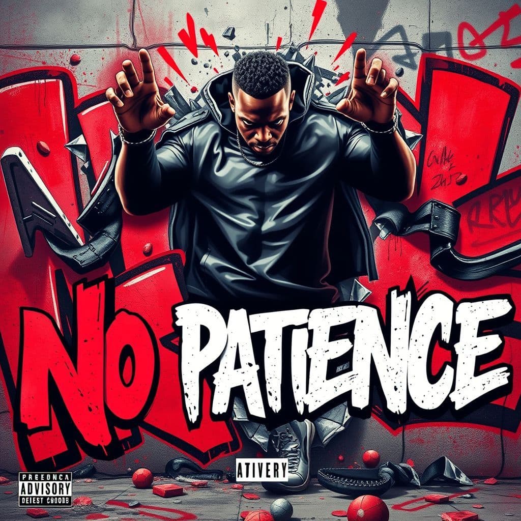 Rap AI Album Cover — A dynamic rap album cover featuring a powerful figure breaking through a wall of vibrant graffiti, the text 'No Patience' integrated into the design in bold, eye-catching typography; energy and confidence expressed through urban colors of reds and blacks, highly detailed, energetic atmosphere, 8k resolution, professional design