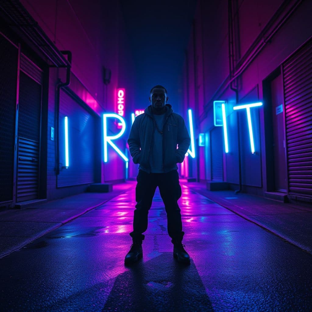 Trap AI Album Cover — A moody trap album cover for "I Run It" featuring a confident figure standing in a dark urban alley, neon lights casting reflections on wet pavement; ethereal and cinematic style, high contrast colors of blues and purples, dramatic shadows, highly detailed, 8k resolution.