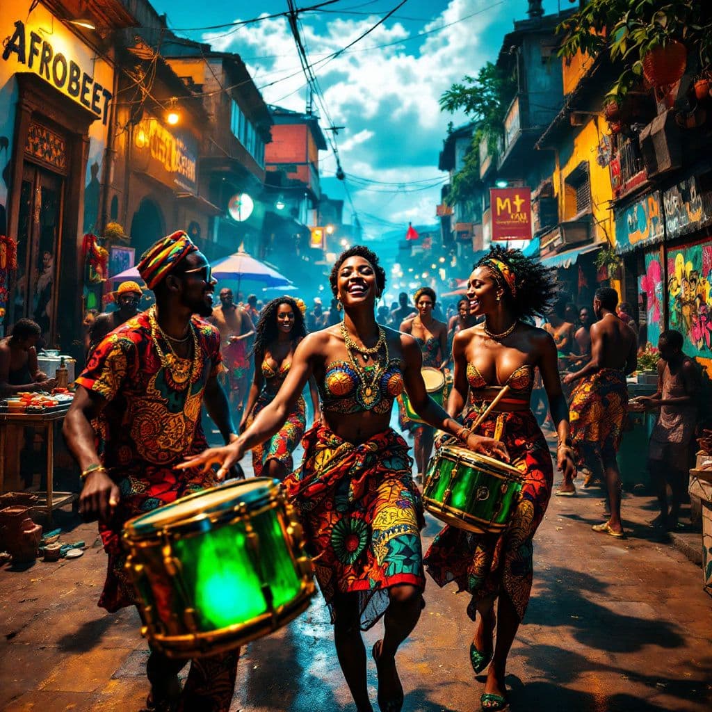 Afrobeat AI Album Cover — A vibrant, Afrobeat-inspired album cover featuring a lively street scene with colorful dancers and rhythmic drummers; rich greens and golds, dynamic movement captures the essence of joy, bright lighting, hypnotic patterns, highly detailed, 8k resolution, infused with cultural elements and upbeat energy.