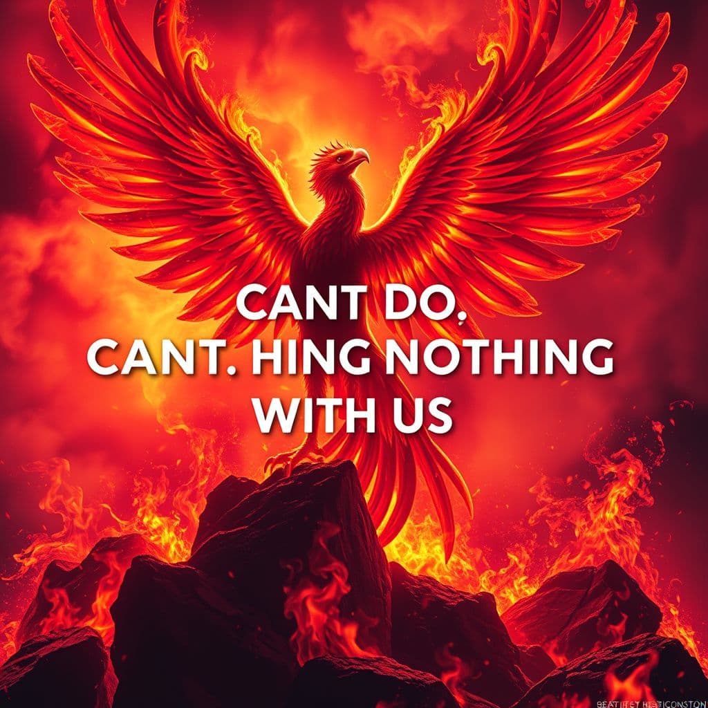 Rap AI Album Cover — A surreal representation of strength with a phoenix rising from flames, the title "Cant Do Nothing With US" boldly displayed in the center; psychedelic color palette of reds and oranges, striking and moody atmosphere, photorealistic details emphasizing power and relationship struggles, 8k resolution
