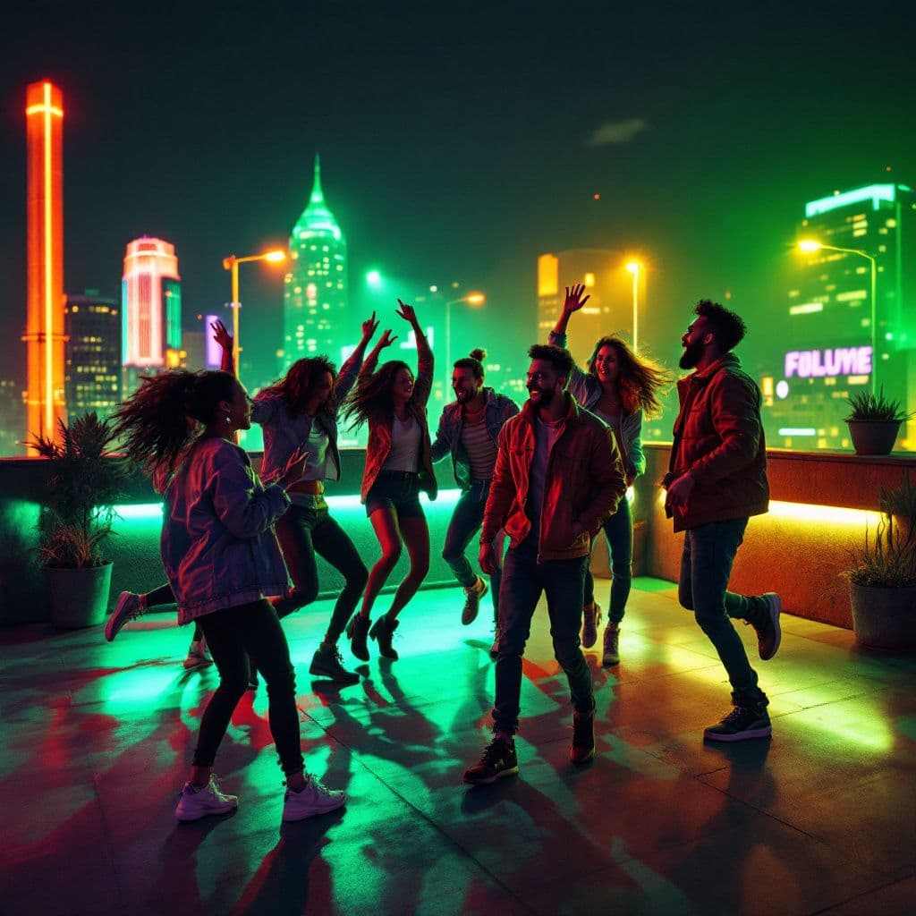 Afrobeat AI Album Cover — A vibrant afrobeat album cover featuring a joyful gathering of friends dancing under colorful lights at a summer night rooftop party; rich and bold colors of orange, green, and yellow, high-energy atmosphere, playful and lively expressions, photorealistic quality, visually striking, 8k resolution