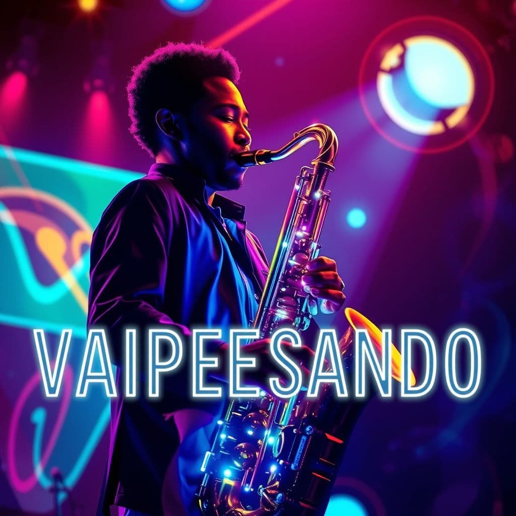 Funk AI Album Cover — A vibrant funk album cover featuring a dynamic saxophonist illuminated by neon lights representing the rhythm of the night; the title 'VAIPESANDO' integrated as glowing text amongst abstract shapes and swirling colors, moody and cinematic atmosphere, highly detailed, 8k resolution
