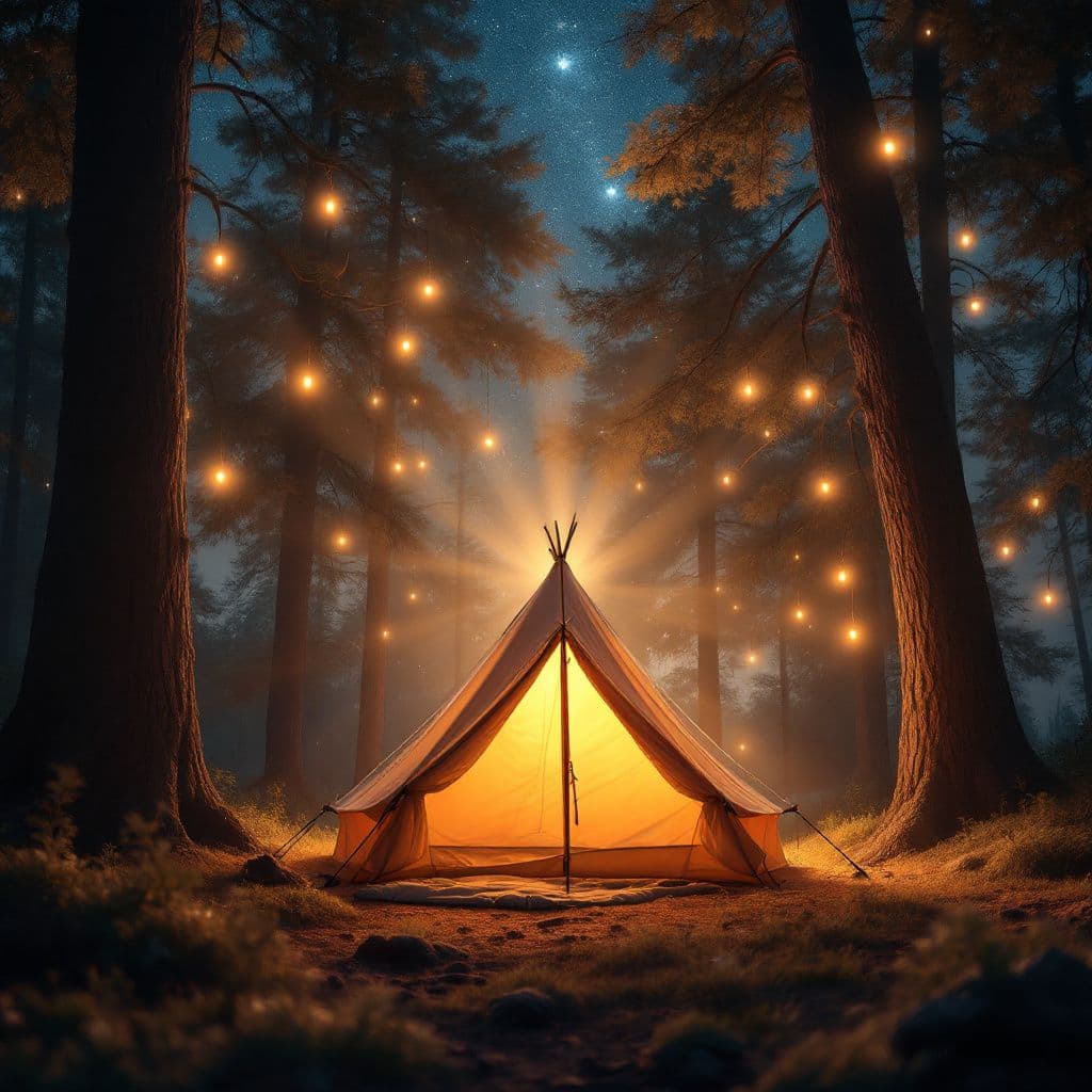 Indie AI Album Cover — A serene, photorealistic album cover featuring a cozy tent under a starlit sky, delicate light beams shining through tree branches; warm earthy tones and deep blues create a calming atmosphere, indie aesthetic with soft, dreamy lighting, 8k resolution, highly detailed and inviting feel.