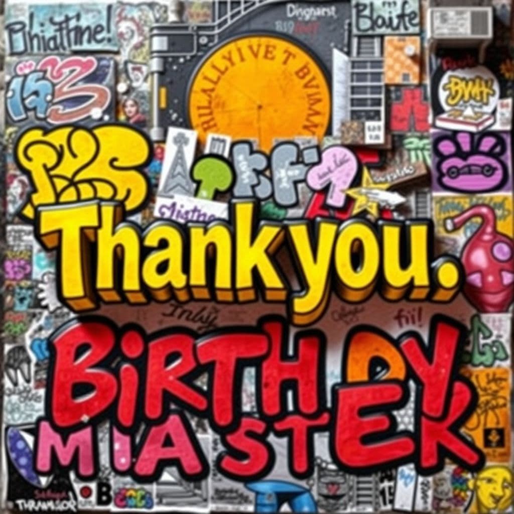 Hip-Hop AI Album Cover — A vibrant hip-hop album cover featuring the title 'Thank you.' integrated into a collage of street art and graffiti; bold typography that pops against a backdrop of urban landscapes with bright colors; dynamic lighting and energy that reflects celebration, 8k resolution, highly detailed, youthful and energetic feel