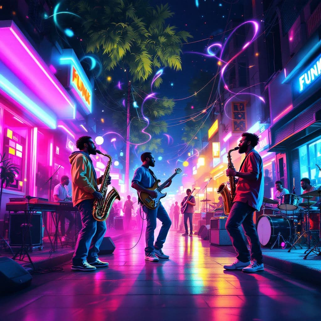 Funk AI Album Cover — A vibrant funk album cover featuring a lively street scene with musicians playing instruments, bright neon colors blending in rhythmic waves, psychedelic patterns surrounding the figures, dynamic lighting creating a playful atmosphere, highly detailed, 8k resolution, energetic and celebratory feel