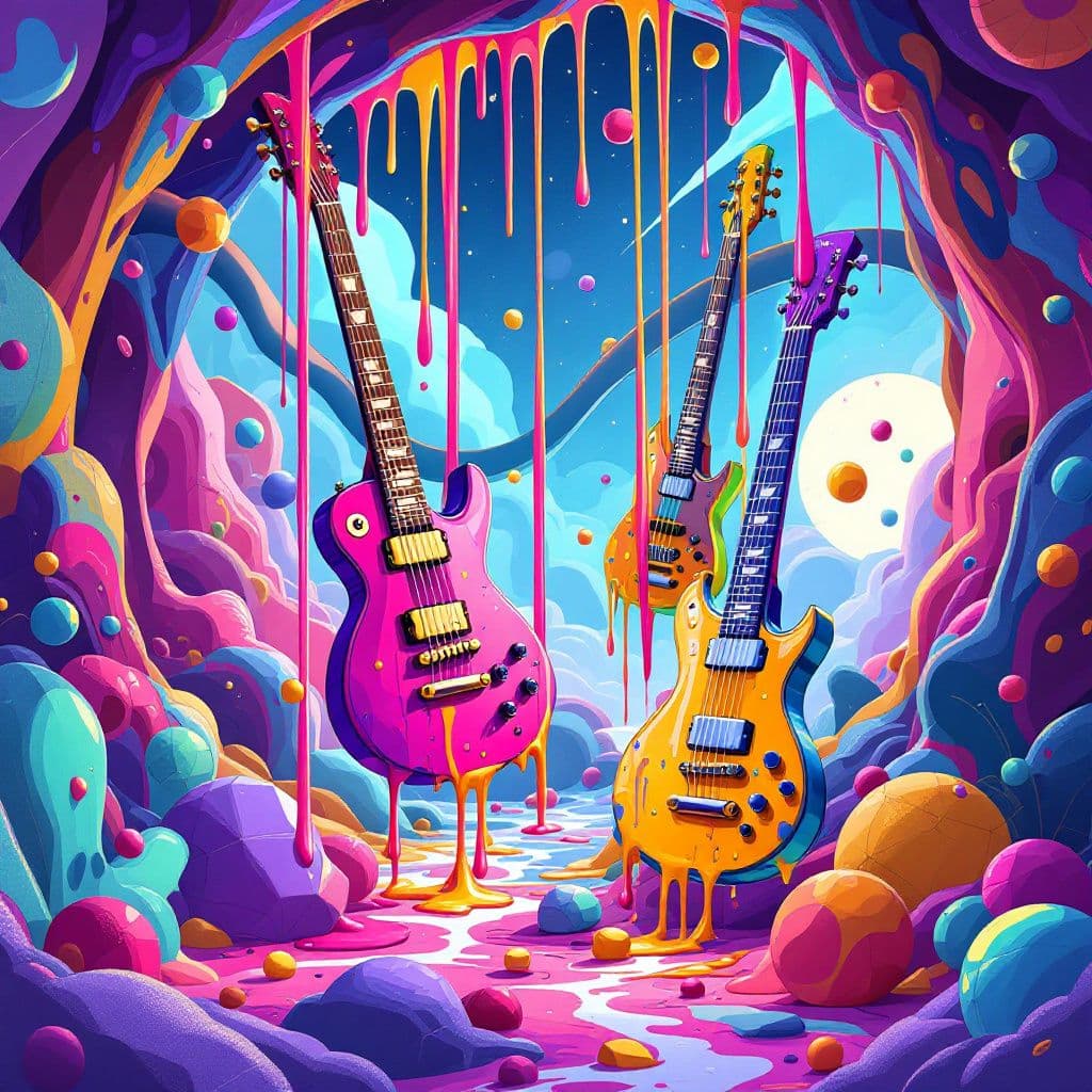 Electronic AI Album Cover — A vibrant, cartoon-styled album cover featuring dripping, colorful g strings and trussers in a surreal, abstract environment; bright, saturated colors with whimsical lighting and playful shapes; 8k resolution, high quality, bold and expressive design, capturing the electronic music vibe
