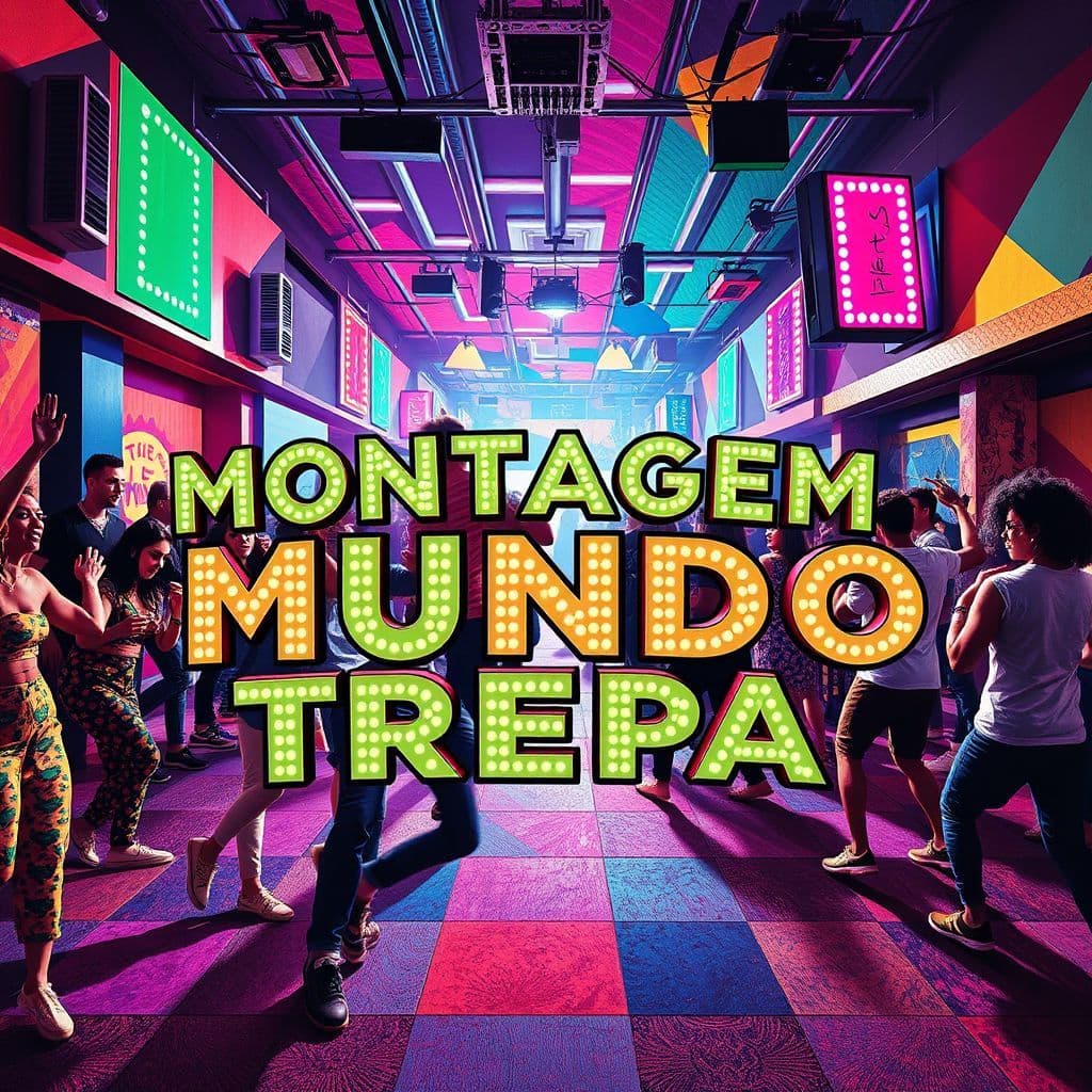 Funk AI Album Cover — A vibrant funk album cover featuring a lively collage of people dancing in a colorful urban setting; bold geometric shapes and patterns, neon lights illuminating the scene, the title "MONTAGEM MUNDO TREPA" integrated in a playful font with bright colors, photorealistic details, 8k resolution, dynamic and celebratory atmosphere.