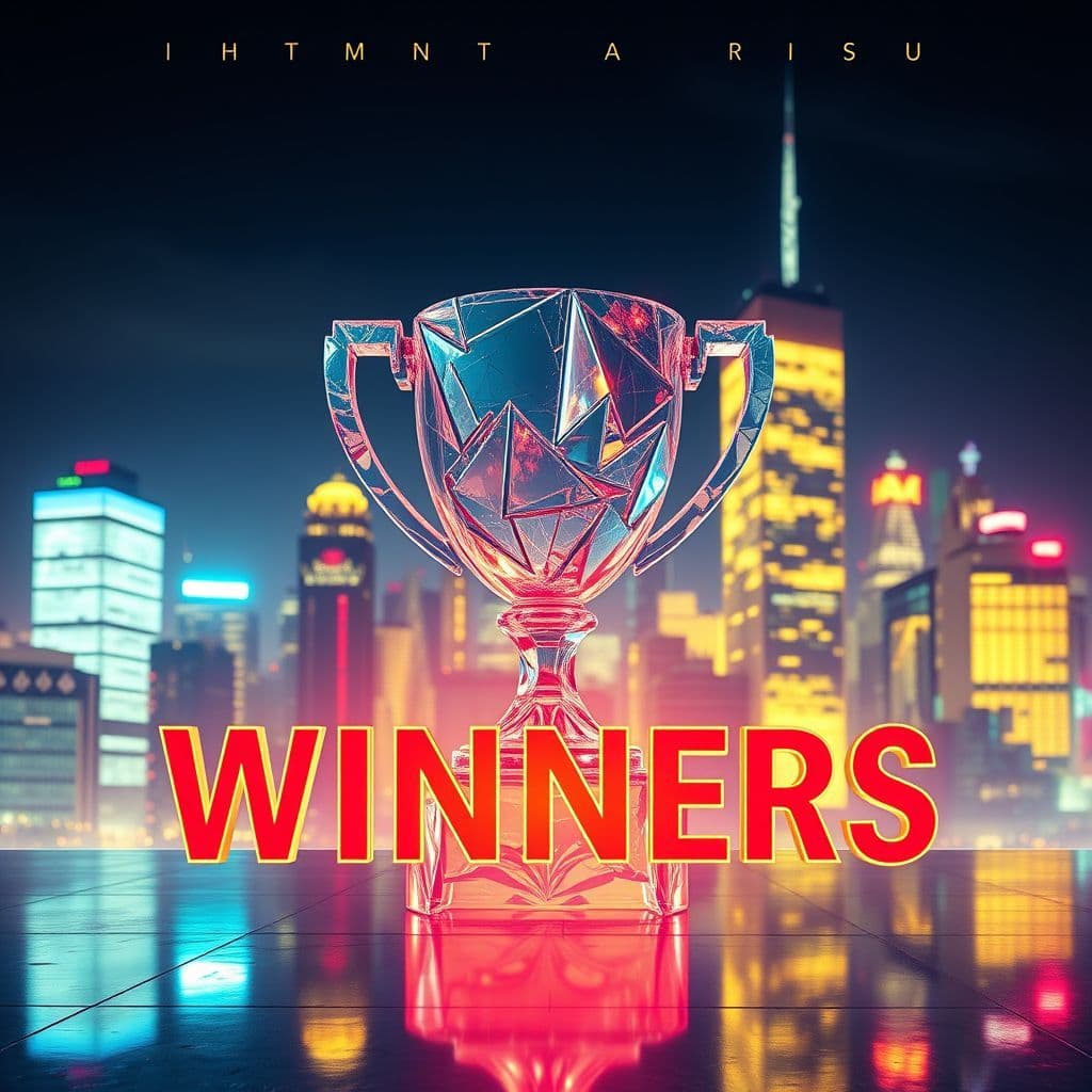 Hip-Hop AI Album Cover — An abstract representation of resilience and strength for the album "Winners". A fragmented glass sculpture representing a trophy amidst a city skyline, illuminated by neon lights. Use vibrant colors with a cinematic feel, and integrate the title in bold, stylish fonts, highly detailed, high quality, and sharp focus.