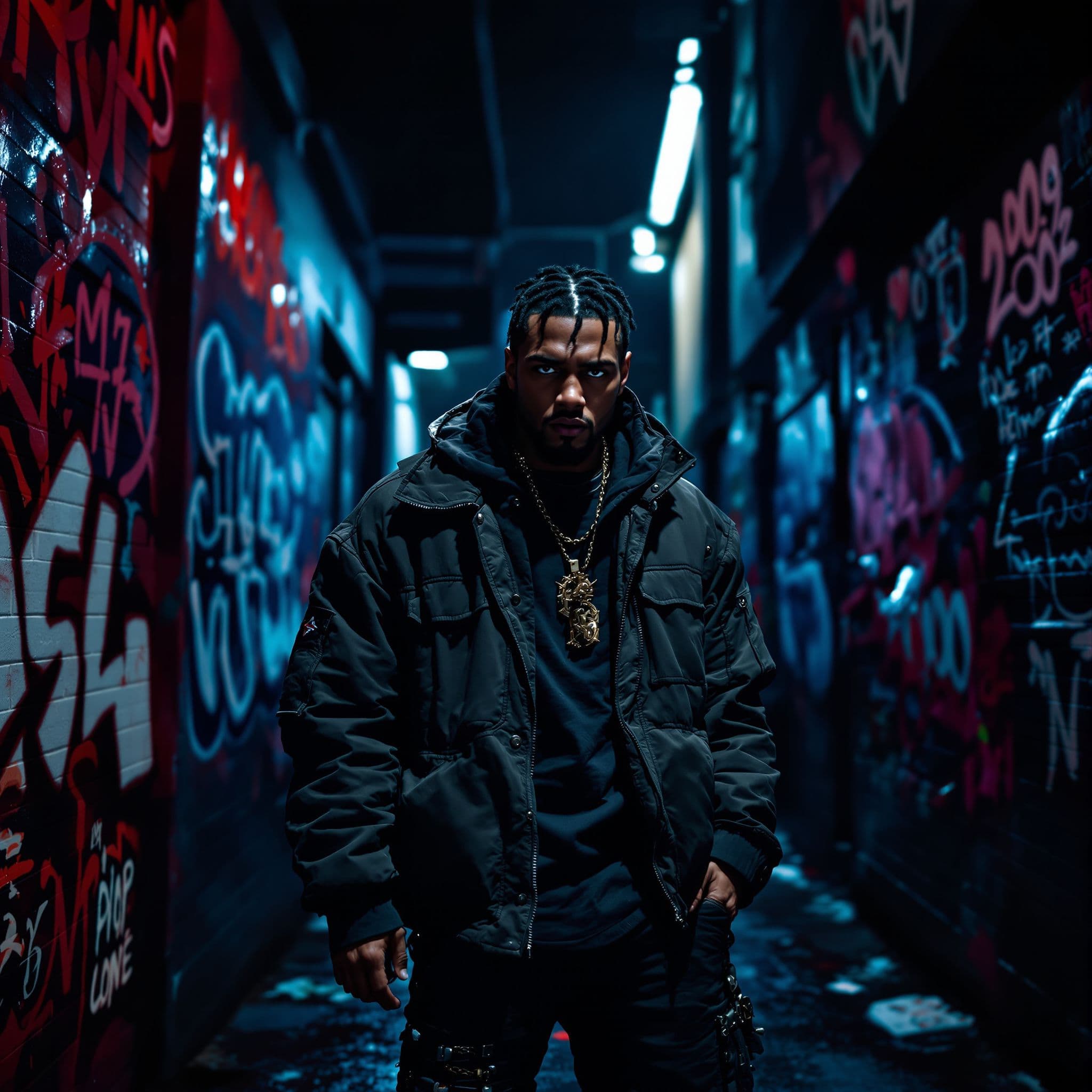 Rap AI Album Cover — A gritty, urban scene featuring a confident trapper in rugged clothing, standing amidst a graffiti-covered alley; dramatic lighting casts long shadows, highlighting the intense expression on his face; a blend of deep blues and vibrant reds fills the background, creating a tense atmosphere; photorealistic and highly detailed, captures the raw emotion of the rap genre, 8k resolution.