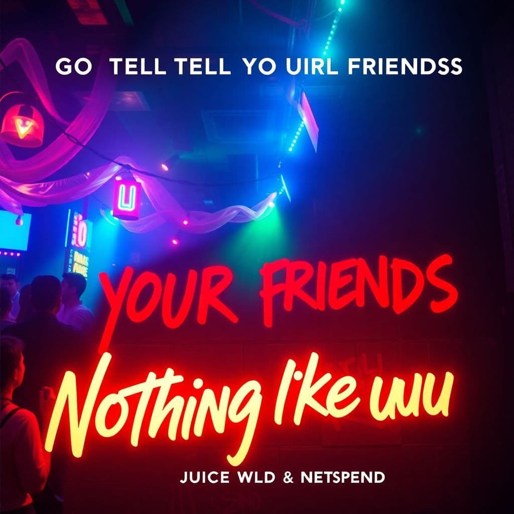 Rap AI Album Cover — A vibrant album cover for 'Go Tell Your Friends X Nothing like uuu', featuring a bustling L.A. party scene with neon lights and flowing colors that symbolize celebration and heartbreak; bold typography with the title integrated as graffiti on a wall, warm lighting with contrasting shadows, 8k resolution, photorealistic, energetic and moody atmosphere.