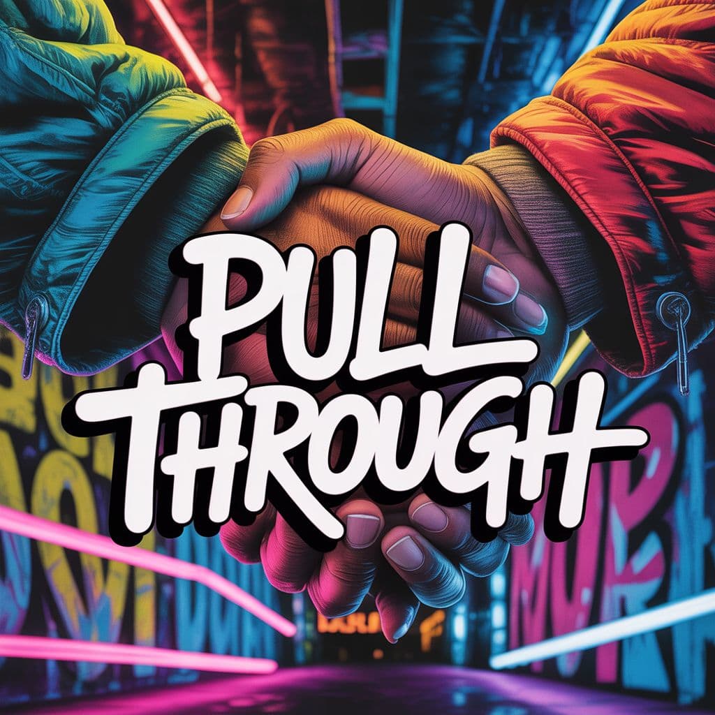 Rap AI Album Cover — A vibrant rap album cover titled 'Pull Through', featuring a close-up of intertwined hands symbolizing connection; graffiti-style typography, bold and stylish, integrated into a colorful urban backdrop; moody lighting with neon hues, highly detailed, capturing emotion and depth, 8k resolution.